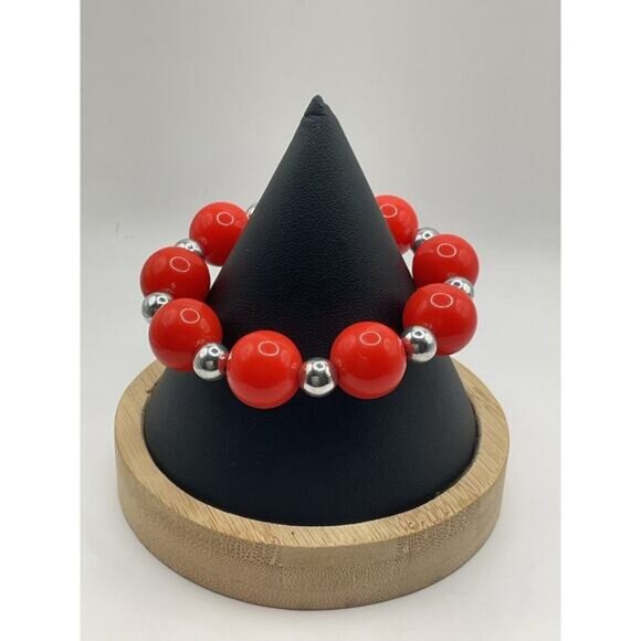 Red & Silver Beaded Stretch Bracelet Accented Center Bead - Picture 2 of 3
